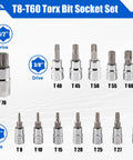 13 Piece Torx Socket Set T8 To T60 With One Quarter Inch Three Eighth Inch And One Half Inch Drives S2 Steel And CRV Construction