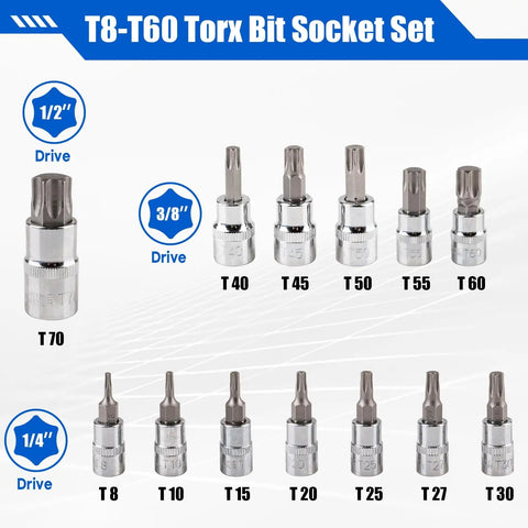 13 Piece Torx Socket Set T8 To T60 With One Quarter Inch Three Eighth Inch And One Half Inch Drives S2 Steel And CRV Construction