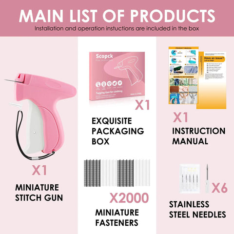 Main list of products including pink handheld stitch gun for clothes with 5mm fine needle, packaging, and manual