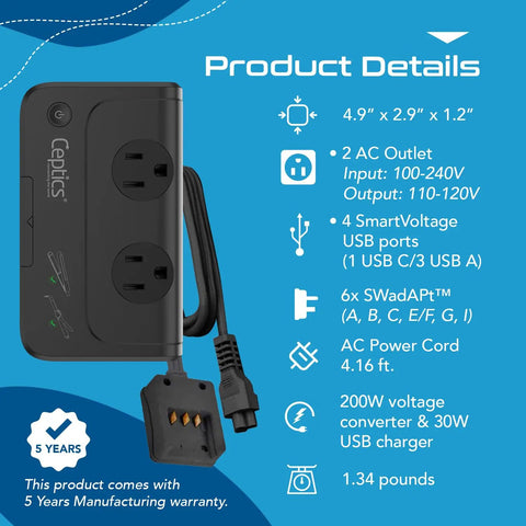 Image of the Six In One Travel Adapter And Voltage Converter With Surge Protection For 220V To 110V Countries, showing product features.