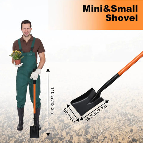 Durable Square Shovel With Metal Handle For Digging In Yard Or Camp 43.3 Inch Length Orange Garden Tool next to man holding flowers