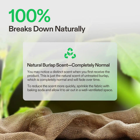 Heavy Duty Natural Burlap Fabric Roll 40 Inch By 13 Foot High Density Jute For Multipurpose Gardening And Outdoor Plant Care Weed Barrier DIY Crafts Projects And Home Decor with text overlay about natural scent