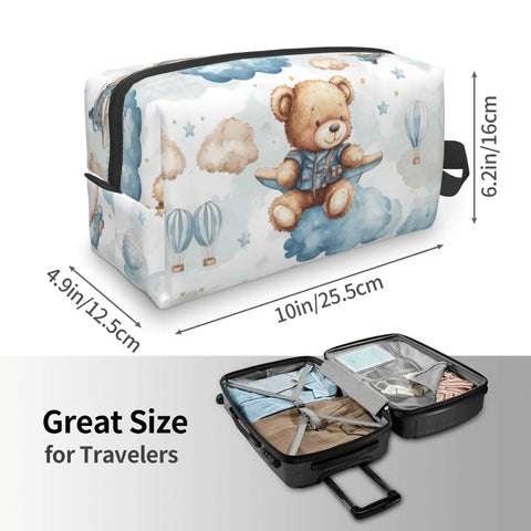 Travel Toiletry Organizer Bag For Women And Men with teddy bear design, waterproof Dopp kit, 10x4.9x6.2in, for shaving and makeup.
