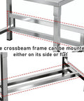 Heavy Duty Stainless Steel Workbench With Beefy Reinforced Crossbars And Folded Safety Edges For Rock Solid Kitchen Prep Or Warehouse Packing Projects showing crossbeam frame mounting options.