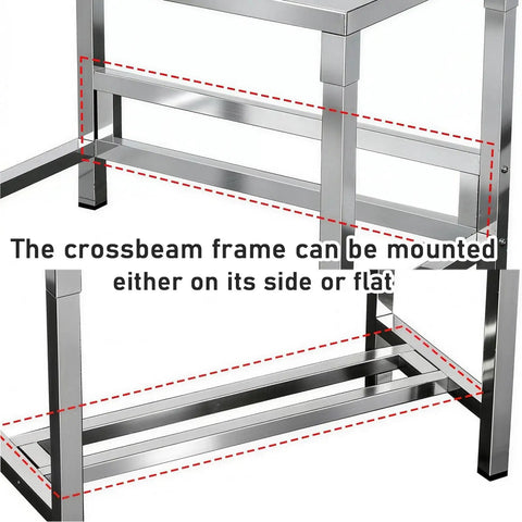 Heavy Duty Stainless Steel Workbench With Beefy Reinforced Crossbars And Folded Safety Edges For Rock Solid Kitchen Prep Or Warehouse Packing Projects showing crossbeam frame mounting options.