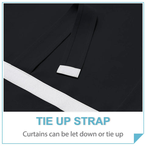 Close-up view of tie-up strap on French Door Curtains No Drill Easy Install Privacy Blackout Shade Energy Saving For Kitchen Dining Nursery Bathroom Window Tie Up Panel 26 By 72 Inches Black One Panel.