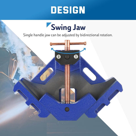 Cast Iron Welders Angle Clamp Pack, Beefy Heavy Duty Two Axis Right Angle Jig close-up with adjustable swing jaw design.