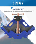 Front view of Beefy Heavy Duty Cast Iron Welding Clamp Jig With Two Axis 90 Degree Right Angle Centering Fixture, blue and copper design.