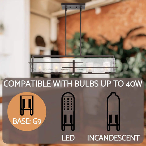 34 Inch 5 Light Dope Modern Kitchen Island Light Linear Pendant With Clear Water Glass Diffuser And Cylinder Frosted Glass Shades