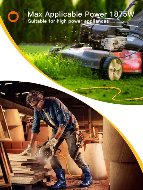 Lawnmower and saw using 25 Ft Outdoor Extension Cord 12 Gauge SJTW Heavy Duty Waterproof Yellow 3 Prong Power Cable for garden and tools.
