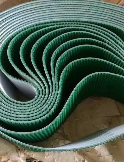 Coiled green PVC drum conveyor belt, 5mm thick, 120x24cm size, for heavy-duty assembly lines and flat belts, industrial use.