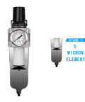 Front view of Pro Grade Heavy Duty Air Filter And Regulator With Metal Bowl, showing pressure gauge and 5 micron element for paint sprayers