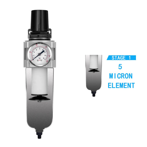 Front view of Pro Grade Heavy Duty Air Filter And Regulator With Metal Bowl, showing pressure gauge and 5 micron element for paint sprayers
