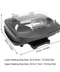 Get A Top-Notch 1000W Electric Contact Grill For Sizzling Burgers And Panini dimensions with upper and lower heating area sizes.