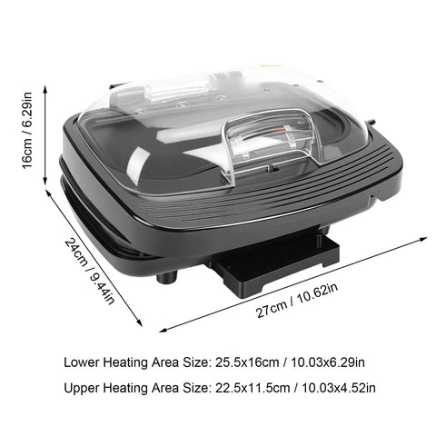 Get A Top-Notch 1000W Electric Contact Grill For Sizzling Burgers And Panini dimensions with upper and lower heating area sizes.
