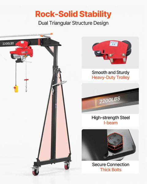 Heavy Duty Gantry Crane With 2200 Lb Capacity And Electric Hoist, featuring dual triangular structure and strong I-beam.
