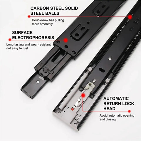 Close-up of Push To Open 45mm Drawer Slides With Quiet Glide Three-Section Rail showing steel balls and locking mechanism