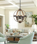 Farmhouse Globe Chandelier With 5 Lights Dope Rustic Metal Pendant Lighting For Dining Room hanging over living room