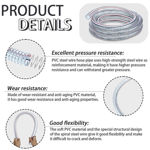 Heavy Duty Steel Wire Flexible PVC Vacuum Hose 1 Inch Inner Diameter 10 Ft With Fasteners Reinforced Clear Tubing for durability
