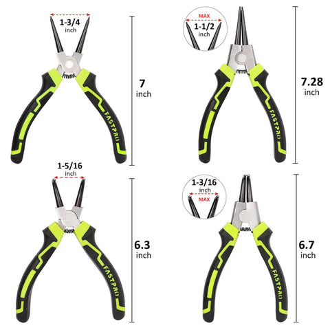 Beefy Four Piece 7 Inch Snap Ring Pliers Set Internal And External Circlip Pliers Kit with Straight and Bent Jaw shown.