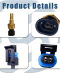 Engine coolant temperature sensor with pigtail; brass body and blue harness connectors in a four-view collage.