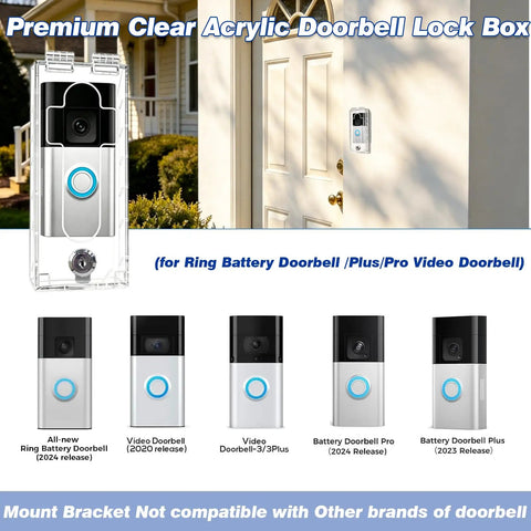 Keep Your Smart Video Doorbell Locked Down Tight With This Tough Love Outdoor Anti Theft Security Box Made From Crisp Clear Acrylic. Snatch Thieves Dont Stand A Chance Against This Solid Stash For Select Video Doorbell Models Including Battery And Wired. Clear acrylic doorbell lock box displayed at door, fits multiple video doorbell models.