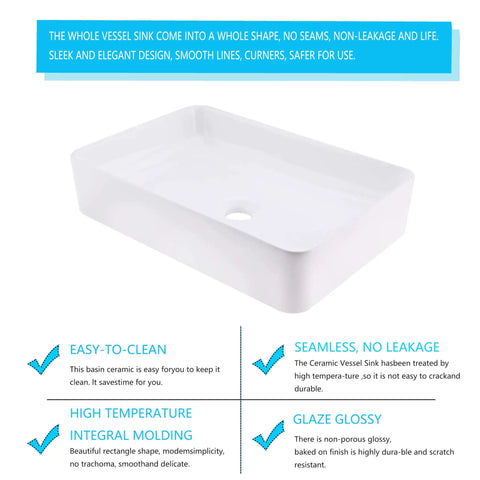 Vessel Bathroom Sink 20x14 Inch Rectangular Porcelain Ceramic Above Counter Modern Art Basin with easy-to-clean and glossy surface.