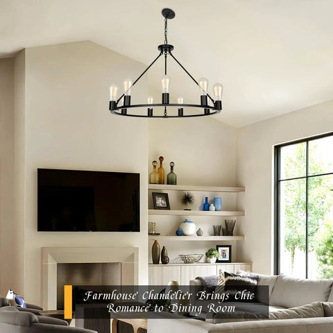 Black Wagon Wheel Chandelier Total Showstopper Lighting Fixtures Bringing the Farmhouse Vibes To Your Dining Room with 9 lights.