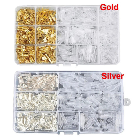Gold Plated Insulated Spade Connectors 600 Piece Set Kit Male Female Wire Terminals 2.8mm 4.8mm 6.3mm Sizes For Automotive Electrical Wiring And Home Repair Projects These Bad Boys Hold Fast And Tight So Connections Stay Locking And Super Secure Forever. gold and silver terminal kit in plastic organizer