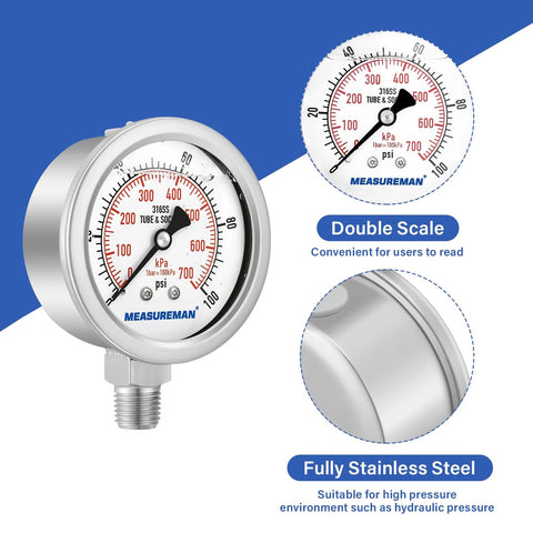 MEASUREMAN stainless steel pressure gauge, 2.5-inch dual-scale dial, lower-mount with 1/4 NPT fitting