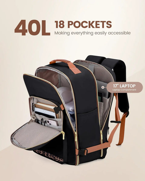 40L Go-To Travel Backpack For Women And Men, Airline Approved, showing 18 pockets and a 17-inch laptop compartment.