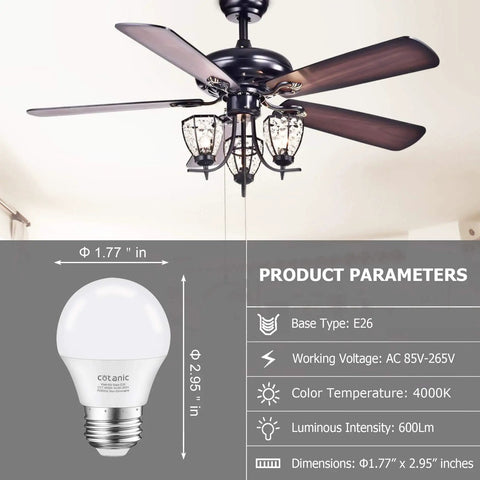Super Bright A15 LED Ceiling Fan Bulb 6W 60W Equivalent, shown with product dimensions and ceiling fan compatibility.