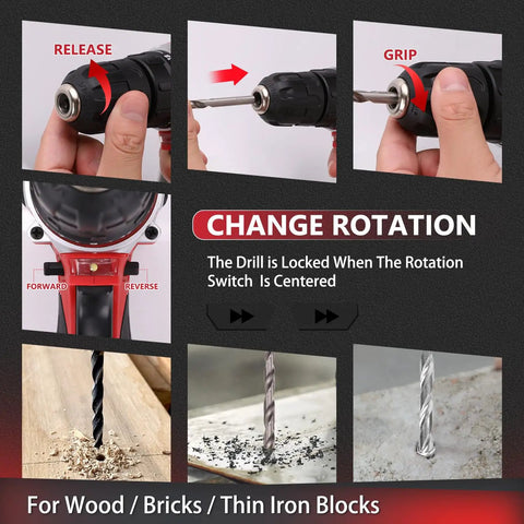 276-Piece Tool Set Kit With 12V Cordless Drill Driver focusing on drill rotation change and usage on wood, bricks, and iron blocks.