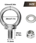 Four-Piece M12 X 20mm 304 Stainless Steel Eye Bolt Set Built Tough For Lifting With Shoulder Ring Heavy-Duty Threaded Eyebolts Includes Nuts And Washers For Indoor Outdoor Marine Use, close-up of bolt with dimensions.