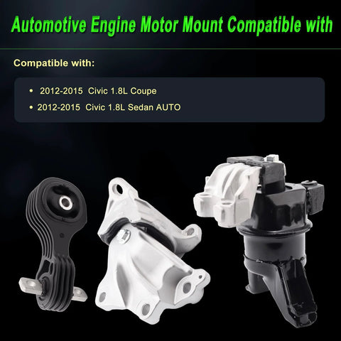 Engine Motor Mount Set For Honda Civic 2012 2013 2014 2015 1.8L Front Motor Mount And Rear Torque Strut Mount Plus Center Transmission Mount 3 Piece Replacement Kit For Smoother Ride And Reduced Vibration, showing components