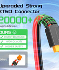 Close-up of 20 Foot Solar To XT60 Extension Cable 12AWG with strong XT60 connector, showing durability features and lifespan text.