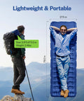 Man lying on blue 6 Inch Thick Camping Sleeping Pad With Built In Foot Pump, Pillow Ready Self Inflating Mattress in mountains