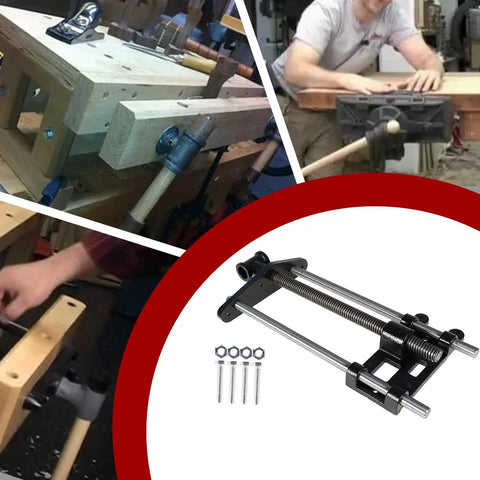 Tough As Nails Ten Inch Woodworking Front Vise Cast Iron Heavy Duty Workbench Mount with components and installed on wood surface.