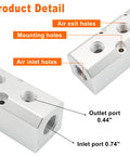 Three Way Pneumatic Manifold Air Distribution Block With Large Capacity Five Port Configuration One Half Inch NPT Supply Aluminum Alloy