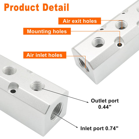 Three Way Pneumatic Manifold Air Distribution Block With Large Capacity Five Port Configuration One Half Inch NPT Supply Aluminum Alloy