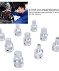 Professional 3/4 Inch Drive Impact Hex Driver Set With CrMo Steel Spline Bits And Heavy Duty Socket Kit showing 9 hex sockets.