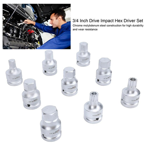 Professional 3/4 Inch Drive Impact Hex Driver Set With CrMo Steel Spline Bits And Heavy Duty Socket Kit showing 9 hex sockets.