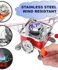 Lightweight Foldable Camping Stove With Piezo Ignition For Hiking And Picnics features wind-resistant stainless steel design