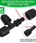 Rock Solid 10 Pack Half Inch Drip Irrigation Tee Fittings With Barbed Lock Nut T Connectors for no sweat garden tubing hookup.