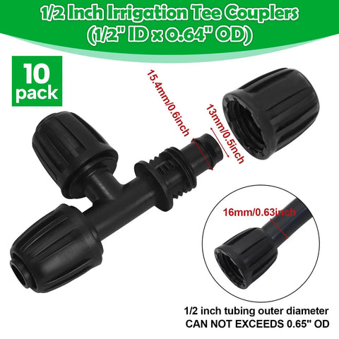 Rock Solid 10 Pack Half Inch Drip Irrigation Tee Fittings With Barbed Lock Nut T Connectors for no sweat garden tubing hookup.