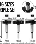 Heavy Duty Three Piece Forstner Drill Bit Set With Carbide Tips And Solid Steel Core For Knockout Precision When Slicing Through Hardwood Plywood Or Plastic Without A Drop Of Sweat, showing three bits with different diameters.