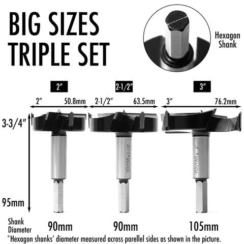 Heavy Duty Three Piece Forstner Drill Bit Set With Carbide Tips And Solid Steel Core For Knockout Precision When Slicing Through Hardwood Plywood Or Plastic Without A Drop Of Sweat, showing three bits with different diameters.