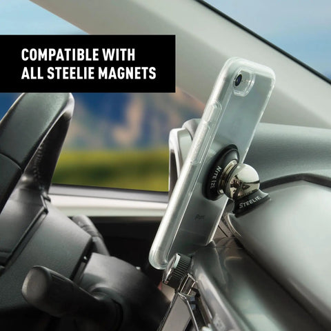 Steelie Magnetic Dash Mount Ball For Phone Mounting System Extra Car Dash Mount Accessory shown with phone attached to car dashboard.