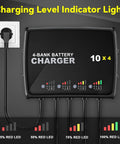 Four Bank 12V Marine Battery Charger Delivering 40A Total With 10A Per Bank, charging levels indicated by LED lights.