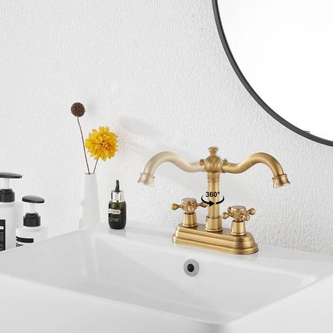 Antique Brass Two-Handle Four Inch Centerset Bathroom Faucet With 360 Degree Swivel High Arc Spout in modern bathroom setting
